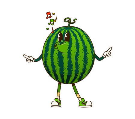 Groovy watermelon fruit retro cartoon character, vector funny comic emoji. Groovy watermelon with funky face whistling melody or happy song notes, fruit food character and retro cartoon personageのイラスト素材