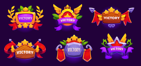 Game victory award icons, ui badges asset. Vector gui buttons for mobile app menu interface. Level pop up screens with stars, green leaves, stone or wooden plates, wings, colorful ribbons or bannersのイラスト素材