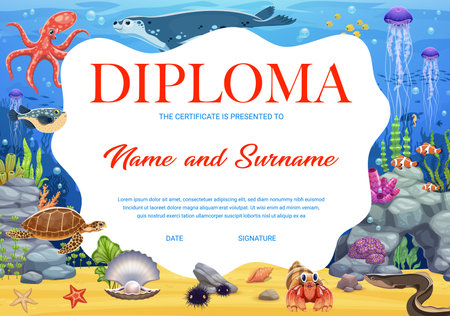 Kids diploma with funny cartoon underwater animals and fishes, vector education certificate template. Undersea coral reef octopus with crab and sea urchin, eel fish or ocean turtle for diploma awardのイラスト素材