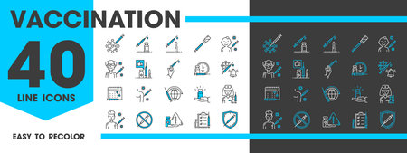 Vaccination line icons of vaccine syringes for flu, corona or covid viruses, vector medicine and health care. Vaccine doses, epidemic disease prevention schedule, certificate, nurse and shield signsのイラスト素材