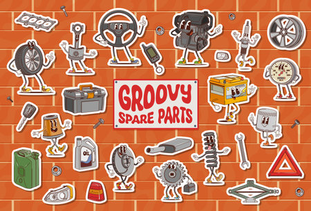Cartoon groovy car spare parts characters stickers pack. Retro cute auto repair service vector personages. Groovy psychedelic engine, oil, wheel tire and rim, battery, piston, spark plug, speedometerのイラスト素材