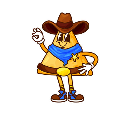 Cartoon groovy Mexican nachos chips cowboy character in sheriff hat with neck scarf, star badge, retro sneakers and leather belt, showing ok sign. Vector tex mex snack ranger y2k fast food personageのイラスト素材