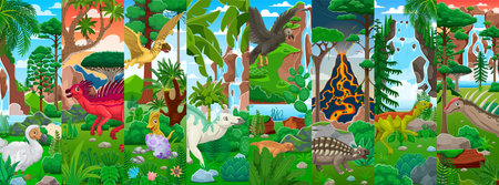 Prehistoric dinosaur and reptile characters collage. Cartoon vector scenes with dino animal diverse species in a jungle landscape amidst rich green foliage, natural vegetation, volcano and waterfallのイラスト素材