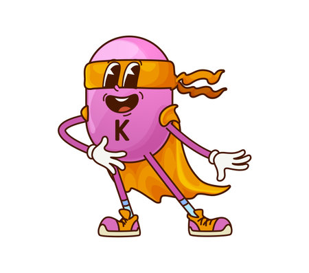 Cartoon groovy vitamin K superhero character. Vector micronutrient defender, retro comic personage wear cape and mask exudes hippie vibe. Pill super hero, capsule supplement, fantasy nutrient bubbleのイラスト素材