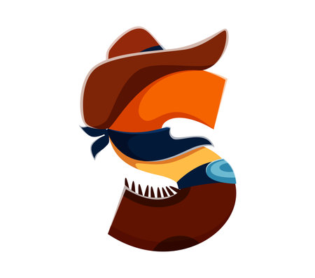 Cowboy letter S, wild west font, typeface, western type, sheriff English alphabet. Isolated vector abc character complete with cowboy hat and bandana representing retro american cowpuncher or rodeoのイラスト素材