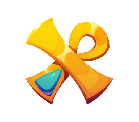 Cartoon Egyptian font golden ankh X letter. Ancient mythology English ABC element, egypt history vector game latin alphabet X letter or Africa pharaoh font typeset item with life symbolのイラスト素材