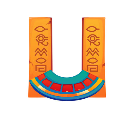 Cartoon Egyptian font stone columns U letter. Ancient civilization latin alphabet U letter, egyptian history isolated vector game font typeset symbol or egypt pharaoh English ABC elementのイラスト素材