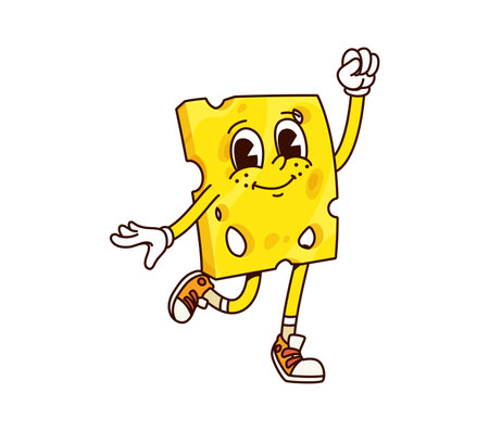 Groovy breakfast cheese slice character making fist up gesture with hand. Cartoon vector retro dairy food personage with smiling face and sneakers. Humorous and lively slice of cheese with holesのイラスト素材