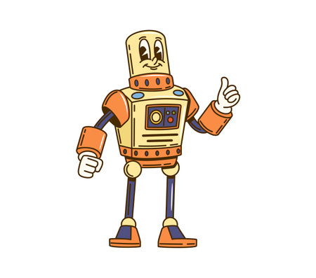 Cartoon groovy vintage robot happy character. Alien cyborg or AI bot retro isolated vector character. Mechanical humanoid android happy mascot, vintage robot cartoon groovy personage showing thumb upのイラスト素材
