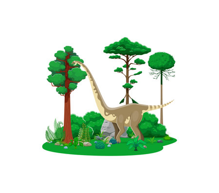 Omeisaurus prehistoric dinosaur character. Long-necked dino standing in a lush, green forest with plants and trees of Middle jurassic era period. cartoon vector ancient herbivore reptile animalのイラスト素材