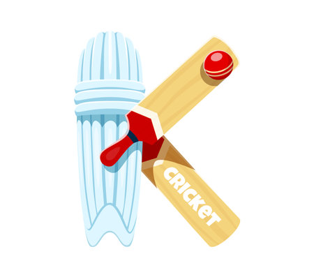 Cartoon letter K styled as cricket equipment, featuring wooden bat, red ball and cricket pads, sport font, typeface, funny type, kids English alphabet uppercase creative character for abc learningのイラスト素材