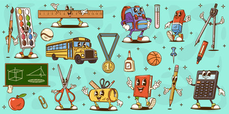 Cartoon groovy school education and stationery characters. Vector set of educational supplies, learning tools and items, such as book, backpack, ruler ball, school bus and medal with blackboard or penのイラスト素材