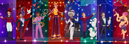 Cartoon circus performer characters collage, vector carnival artists and animals at circus arena. Cute magician, juggler, clown and entertainer, snake charmer and dog trainer performer charactersのイラスト素材