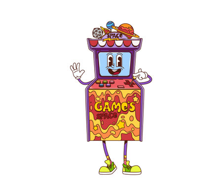 Retro groovy arcade video game machine character. Isolated cartoon vector space arcade cabinet exudes vintage 70s vibe with cheerful expression and vintage gaming console with joysticks and buttonsのイラスト素材
