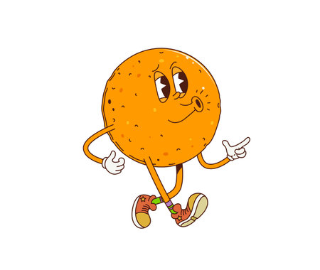 Cartoon retro groovy orange fruit character whistle while walks energetically, exuding sense of excitement and fun. Isolated vector ripe cheerful tropical mandarin citrus fruit personage in sneakersのイラスト素材