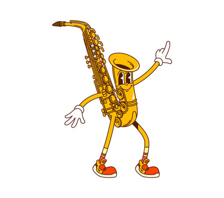 Cartoon saxophone groovy musical instrument character. Isolated vector funny sax personage with happy smile and expressive hand gesture, ready for jazz concert, music school education and performanceのイラスト素材