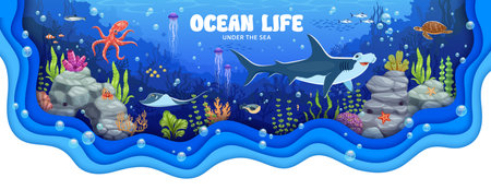 Ocean life banner with underwater landscape and sea animals with vector borders of paper cut waves. Cartoon hammerhead shark, octopus, fish and crab characters on sea bottom 3d paper cut posterのイラスト素材