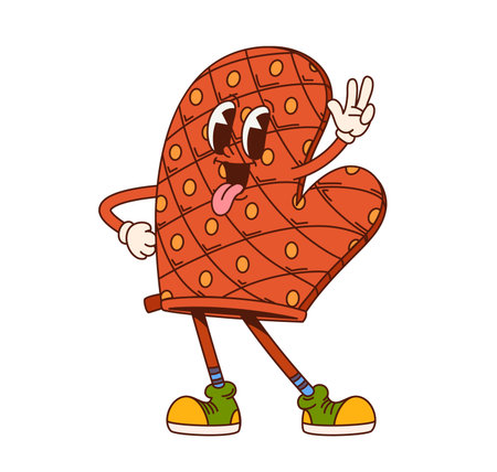 Cartoon groovy kitchen potholder glove character with funny face, vector comic emoji. Groovy potholder mitt or oven glove with funky face and tongue out emotion for kitchenware cartoon characterのイラスト素材