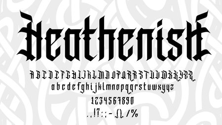 Vintage tattoo font, gothic medieval typeface, old english alphabet, gothic calligraphy type vector typography set. Medieval victorian font with english abc letters and numbers for tattoo or printのイラスト素材