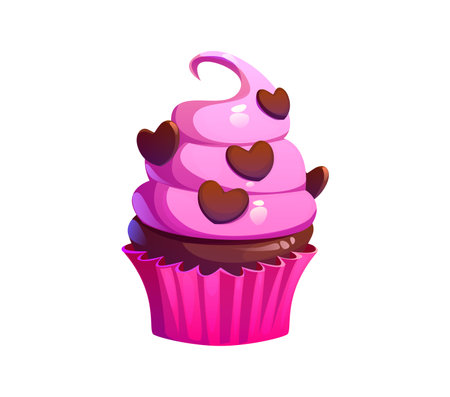 Valentine day cupcake with pink swirled frosting, adorned with chocolate hearts in bright magenta wrapper. Cartoon vector dessert as a love symbol, treat for romantic occasions or festive celebrationsのイラスト素材