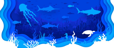 Paper cut underwater landscape. Sea life papercut vector cover, ocean wildlife or underwater nature animals paper cut background with jellyfish, shark, turtle and marlin swordfish, seahorse, seaweedsのイラスト素材