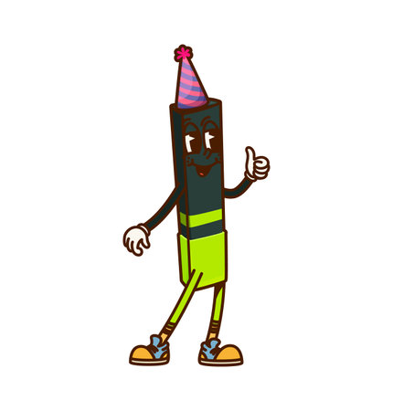 Cartoon groovy school marker stationery character with party hat and thumb up. Isolated vector funny retro permanent writing tool personage striking playful pose, conveying cheerful and energetic vibeのイラスト素材