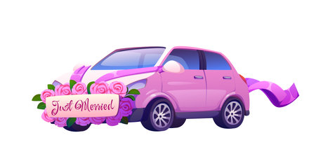 Wedding and marriage pink car adorned with ribbons, flowers and just married sign at the front. Cartoon vector auto decorated with pink roses and flowing purple ribbon symbolizing love and celebrationのイラスト素材