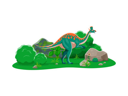 Cartoon Lambeosaurus dinosaur adorable character. Prehistoric reptile, paleontology lizard or Jurassic era animal isolated vector personage. Extinct Lambeosaurus dinosaur cute character in jungleのイラスト素材
