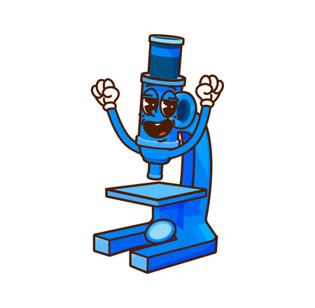Cartoon groovy microscope school stationery character. Vector educational laboratory equipment retro y2k personage embodying spirit of learning and science, ready for scientific explorations and tasksのイラスト素材