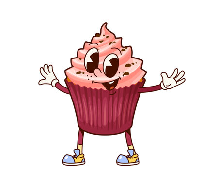 Fast food groovy cupcake cheerful character. Takeaway sweet food, restaurant pastry meal happy character. Cafe cupcake dessert with chocolate sprinkles groovy isolated vector cheerful personageのイラスト素材