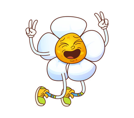 Funny groovy daisy chamomile flowers character. Hippie chamomile cartoon isolated vector mascot, blooming plant happy character. Summer daisy flower hippie personage jumping, shoving peace hand signのイラスト素材