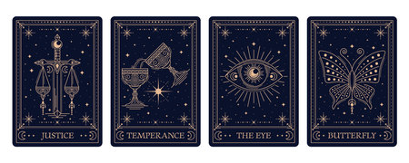 Tarot cards with esoteric and magic occult or mystic symbols in frames, vector backgrounds. Tarot cards golden frames with sacred esoteric symbols of justice, eye and temperance cup with butterflyのイラスト素材