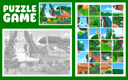 Prehistoric dinosaur animals on jigsaw puzzle logic game quiz, cartoon vector worksheet. Kids jigsaw puzzle game to find and match cutout picture pieces with Jurassic dinosaurs and funny dino lizardsのイラスト素材