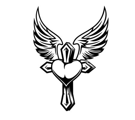 Christianity cross tattoo with heart and wings. Vector black and white heart pierced by cross, flanked by angelic wings symbolizes faith, love and protection, blending spiritual and emotional elementsのイラスト素材
