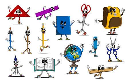 Cartoon groovy school education stationery characters and funny student supplies, vector comic. Groovy school characters of rulers with funky face and pencil with freaky smile, globe and school bagのイラスト素材