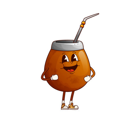 Mate tea calabash drink groovy cheerful character. South America mate beverage calabash with bombilla straw groovy personage, herbal drink cartoon vector mascot. Uruguay tea pot cheerful characterのイラスト素材