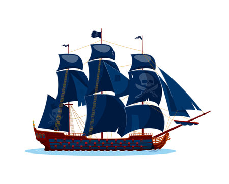 Pirate ship or corsair sail boat with Jolly Roger skull and crossbones swords, cartoon vector. Pirate ship or frigate warship with black sails and cannons sailing to Caribbean treasure islandのイラスト素材