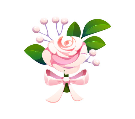 Cartoon white rose boutonniere adorned with lush green leaves, small pearls and ribbon tied into a bow. Delicate floral arrangement for wedding, marriage and valentine day, exudes elegance and romanceのイラスト素材