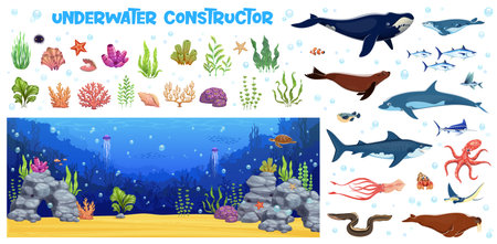 Underwater landscape constructor kids game worksheet. Sea life scene or underwater landscape elements search puzzle, constructor vector game with cartoon whale, seal, dolphin and shark, squid, seaweedのイラスト素材
