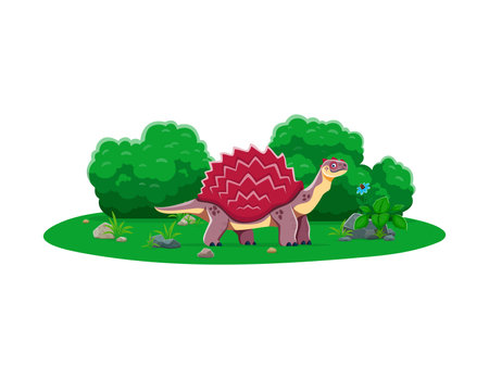 Carbonemys giant prehistoric turtle dinosaur character. Isolated cartoon vector ancient omnivore reptile animal with spiked shell standing in natural landscape of Paleocene epoch with rocks and shrubsのイラスト素材