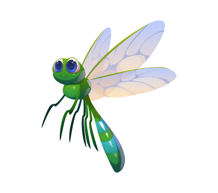 Cartoon funny dragonfly insect character. Kawaii baby bug cartoon cute mascot. Flying dragonfly insect cartoon isolated vector funny character or garden little animal childish happy personageのイラスト素材