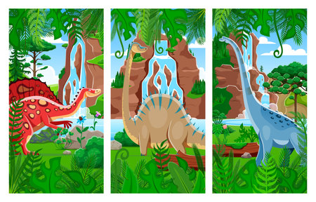 Prehistoric dinosaurs vector collage with cartoon dino animals characters and jurassic nature landscape background. Funny diplodocus, titanosauria and ouranosaurus. Prehistoric extinct dinos collageのイラスト素材