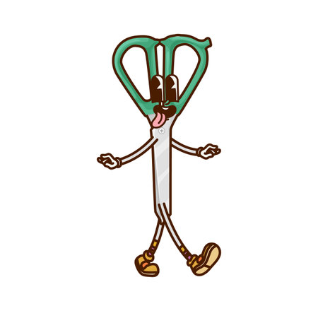 Cartoon groovy scissors school stationery character with a friendly expression, embodying creativity and fun. Isolated vector educational cutting tool personage conveying a sense of learning for kidsのイラスト素材