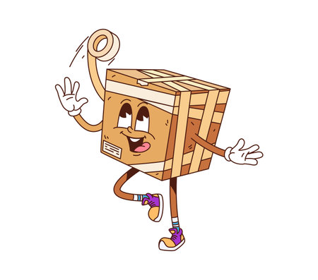 Cartoon groovy delivery cardboard box character wrapping with adhesive tape. Cute mail parcel or post vector retro personage, packing itself for customer. Package order, funny brown cargo freight packのイラスト素材