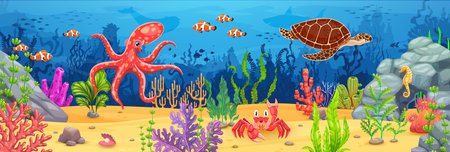 Underwater landscape with sea animals and seaweeds at coral reef bottom vector background. Cartoon funny octopus, crab and sea turtle, tropical fish and seahorse characters at underwater landscapeのイラスト素材