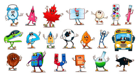 Groovy school and education characters. Cartoon vector alarm clock, ruler, school bus or backpack. Maple leaf, book, baseball, paint palette and paintbrush. Test tube, protractor, notepad, soccer ballのイラスト素材