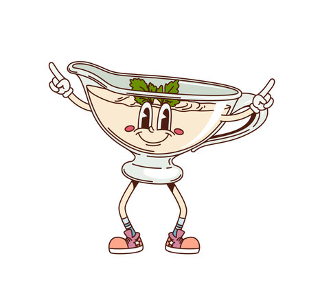 Cartoon groovy bechamel sauce character with funny face, vector comic emoji. Groovy bechamel sauce in creamer pitcher or jug bowl, retro cartoon character with happy smile and cool fingers gestureのイラスト素材