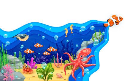 Paper cut underwater landscape with sea animals. Ocean wildlife papercut vector concept, sea life creatures 3d background. Underwater landscape backdrop with octopus, seahorse, crab and clown fishesのイラスト素材