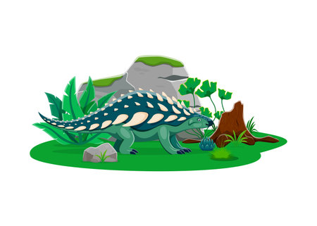 Nodosaurus prehistoric dinosaur character. Ancient herbivore reptile animal of Early Cretaceous era. Isolated cartoon vector armored, spiked ankylosaurian dino hiding behind lush greenery and rocksのイラスト素材