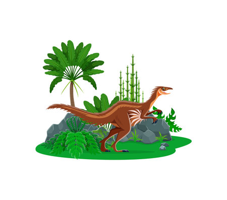 Cartoon troodon dinosaur character. Jurassic era reptile funny personage, extinct animal or prehistoric dinosaur vector character. Paleontology lizard, Jurassic era forest palm tree, fern and rocksのイラスト素材